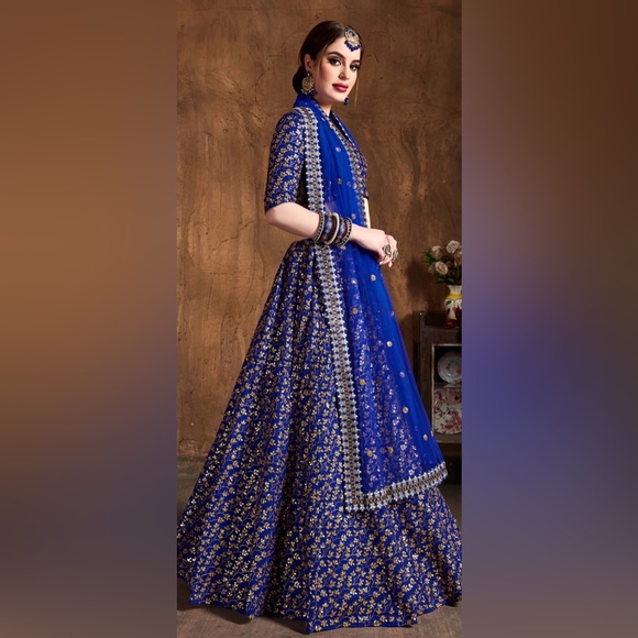 Raw Silk Engagement Lehenga in Royal Blue with Embroidered work - Picture 1 of 2
